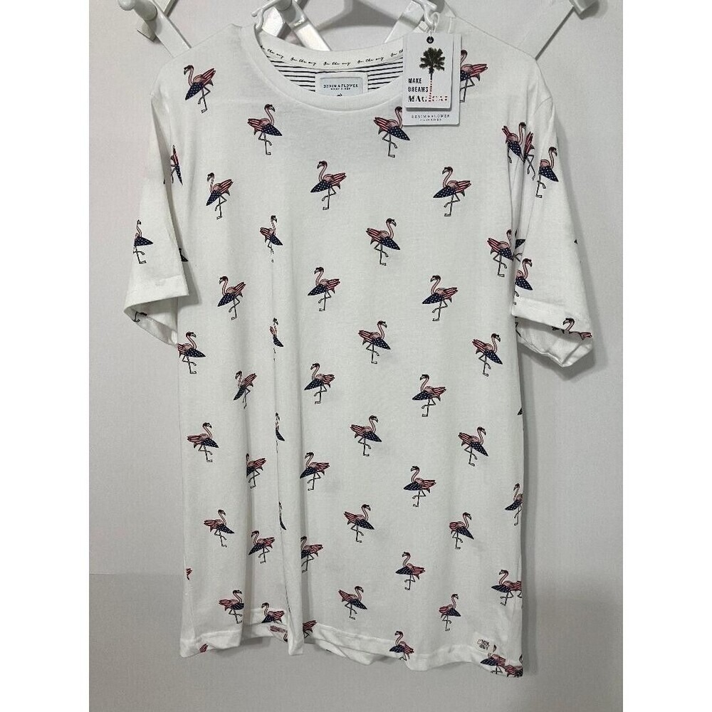New Denim & Flower Woman's White Flamingo Surfboard Shirt American Flag USA  XL